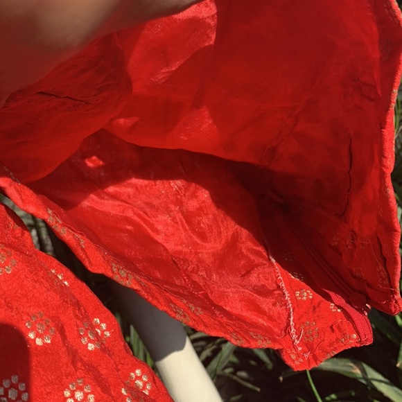 FIERY RED saree blouse with golden thread work. Full back. Zips on sides. - Picture 9 of 9
